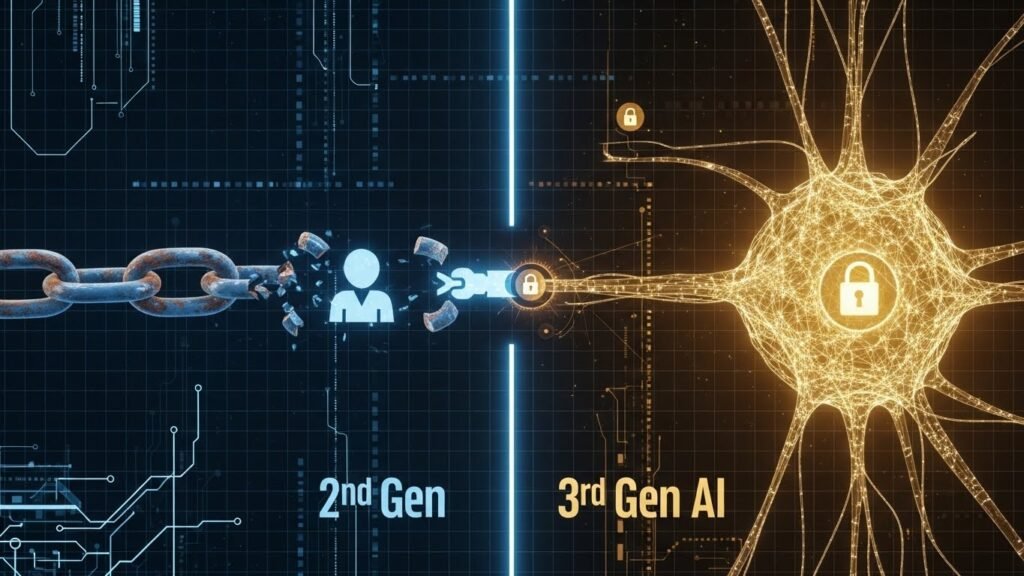 2세대 시스템의 취약한 데이터 경로와 3세대 AI의 무결성 데이터 흐름 비교